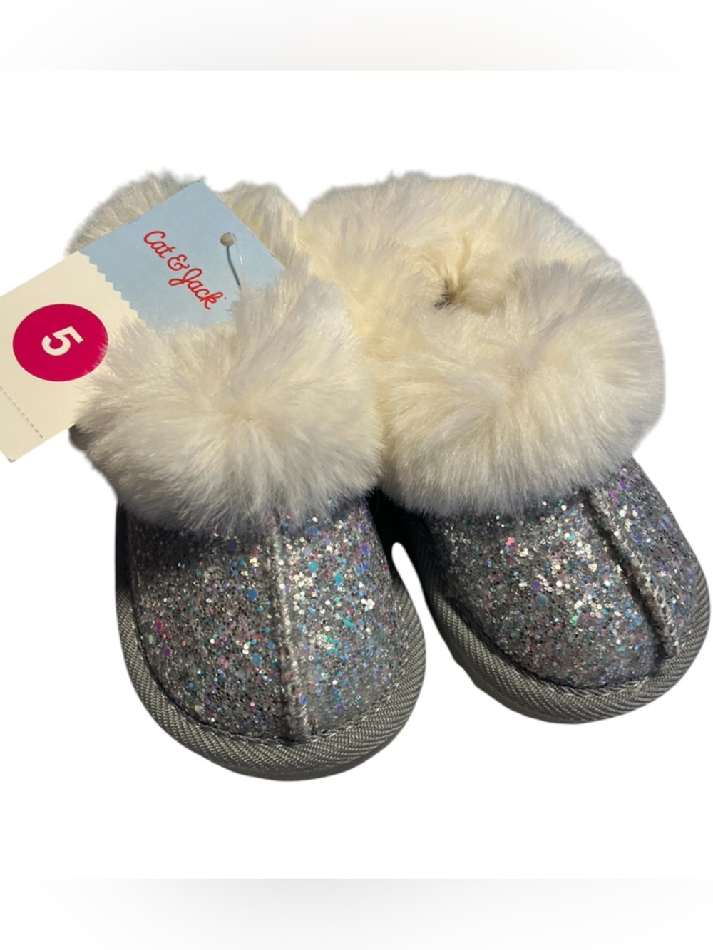Cat & Jack Silver Glitter Faux-Fur Infant Slipper Booties Size 5 NWT